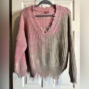 Main Strip Pink and Beige Distressed V-Neck Sweater